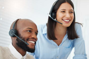 Contact us, call center and business people in office for training, learning or customer service advice. Telemarketing, coaching or man with lead generation mentor for crm, teaching or faq management