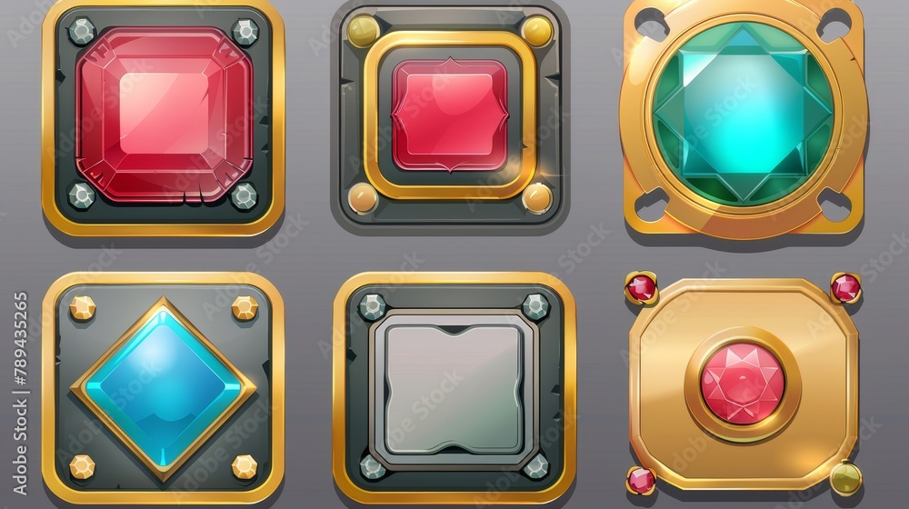 Poster golden vintage game frames. modern illustration with empty metallic borders and gemstones from medie