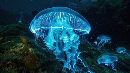 Fototapeta na wymiar A group of glowing jellyfish in the dark ocean.