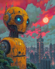 A retro-futuristic robot dreaming of electric sheep in a neon-lit cityscape, nostalgic undertones, blending past and future. classic illustration of a 50s era, vintage & pop background, wallpaper