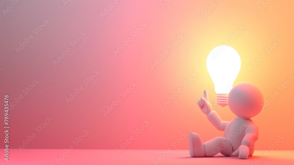 Poster 3d render of a man with new idea. he sits at work and stands with his index finger beside a glowing 
