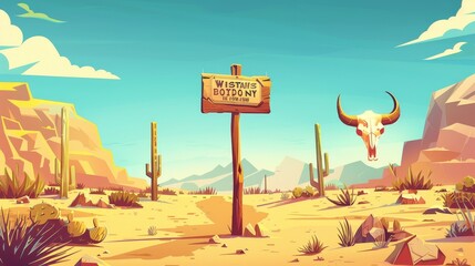 This is a creative illustration of an American desert landscape with a wanted poster, a bull skull on a pole and cactuses, mountains, ox bones and wooden sign. An illustration of a wild west desert