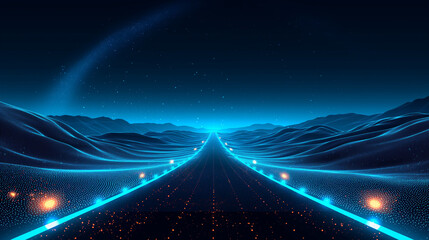Abstract digital landscape with particles dots and stars on horizon. Wireframe landscape background.