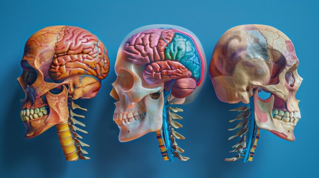 Bones of the head and skull. Individual bones and their salient features highlighted with different colors. Names of the cranial bones. Anterior view.