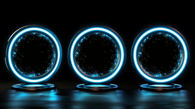 Hologram effect of circle digital portals. Teleport platforms and futuristic podiums, isolated on black background.