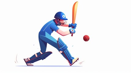 Defending victory with a bat in the cricket sports competition, tournament. Cartoon modern illustration of a male character wearing a blue uniform and helmet hitting ball and celebrating victory.