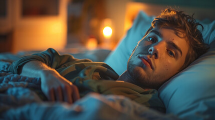young sad man lying in bed, being sick or just upset