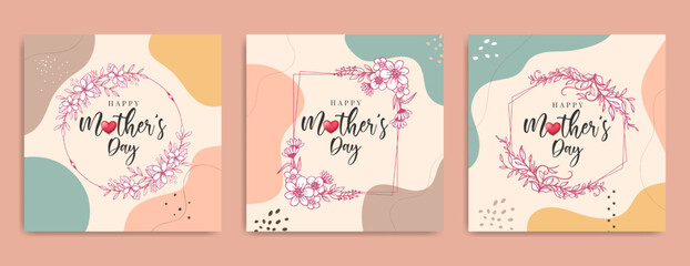 Mother's day social media post, invitation card, gift and banner with hand drawn spring flower decoration. Mothers day greeting flyer with floral background. Women’s day holiday celebration poster.