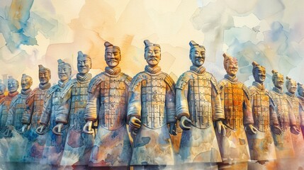 An army of terracotta warriors stands guard in an ancient Chinese tomb. - obrazy, fototapety, plakaty
