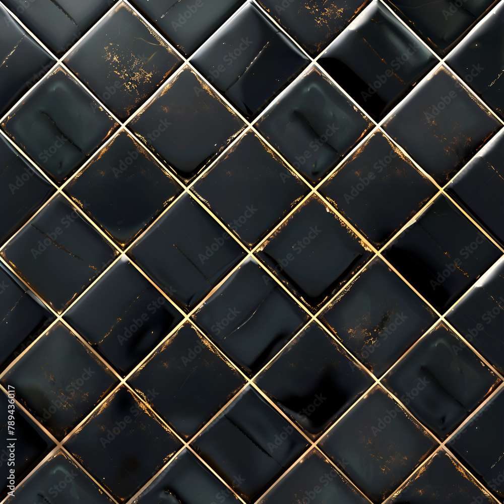 Poster a black and gold tile pattern with a gold border. the tiles are arranged in a diamond shape. generat