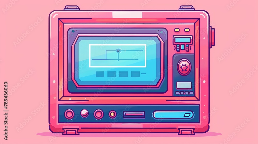 Poster The retro computer interface in the year 2000 style is a digital screen with windows, buttons, message frames. Modern cartoon set on a pink background with elements in the y2k style.
