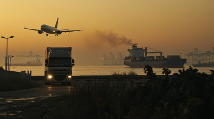 The truck rides against the backdrop of a seaport, large ships and containers and an airplane. Global cargo transportation.