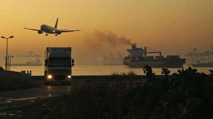 Fototapeta premium The truck rides against the backdrop of a seaport, large ships and containers and an airplane. Global cargo transportation.