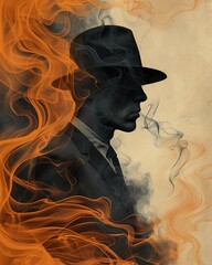 A shadowy businessman enveloped in smoke and secrets, mafia aesthetic. classic illustration of a 50s era, vintage & pop background, wallpaper, poster design, banner, card