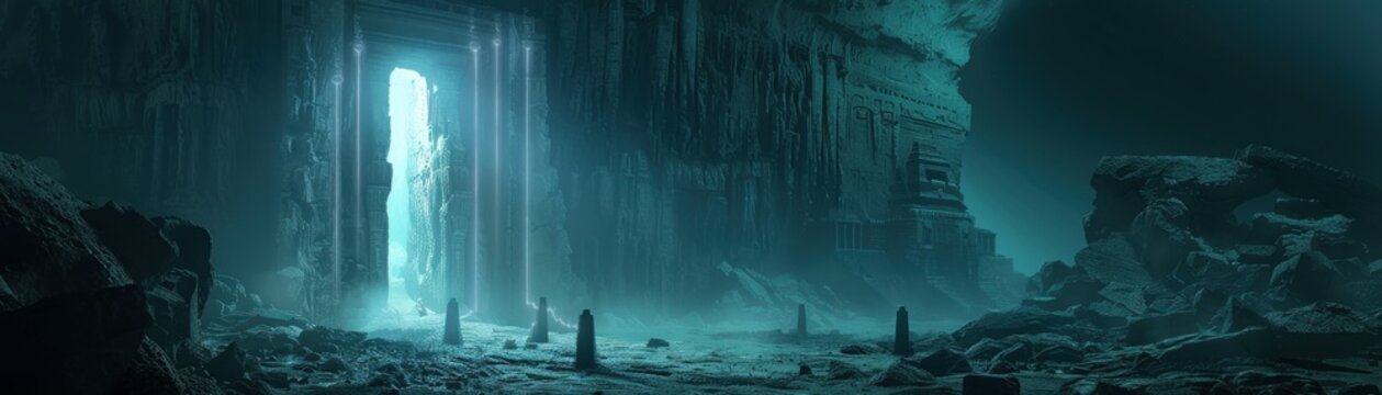 An epic fantasy landscape painting of a vast underground cavern with a glowing magical portal in the distance, crystals, and strange plants