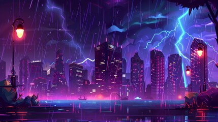 A night skyline view of the city from a lakeshore or bank, glowing street lamps, neon glowing skyscrapers, urban seaside architecture in a rstorm. Cartoon modern illustration of a night skyline view
