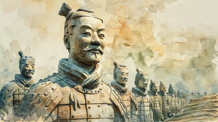 An illustration of the Terracotta Army in a semi-realistic style. - obrazy, fototapety, plakaty