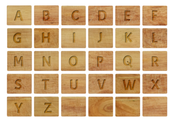 Alphabet letters on wooden pieces, isolated on a transparent background. PNG File