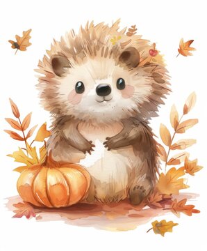 Little funny hedgehog autumn orange leaves falling. watercolor art illustration