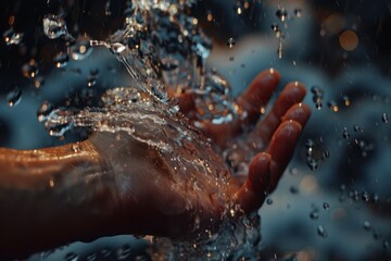 A man holds his hands under flowing water, water falls on his palms