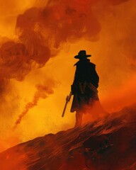 Standing atop a red sand dune in the fog is a shadowy person carrying an elaborate pistol and donning a long coat and hat.