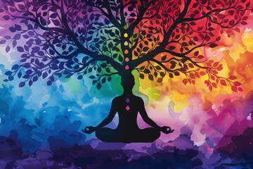 A figure of a person meditating under a tree, leaves and branches with vibrant colour background