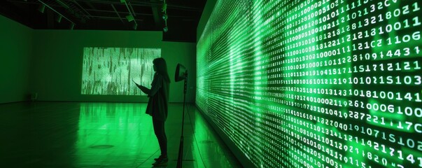 A woman standing next to an interactive installation of digital data particles consisting of black and white LED lights on the wall is engaging with a phone.