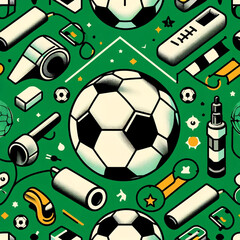 A seamless 2D vector style background pattern featuring soccer-themed elements.