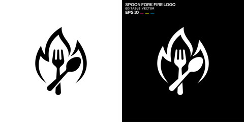 Vector design template of spoon, fork, fire logo, food, cutlery, hot, symbol icon EPS 10