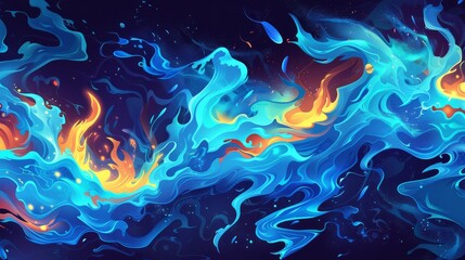 Fototapeta na wymiar Fire effect modern background. Abstract dynamic flame game texture pattern. Water splash flow theme wallpaper. Isolated river swirl surface frame.