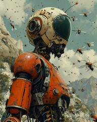 A steampunk cyborg battling a swarm of robotic insects in a post-apocalyptic landscape, contemporary art collage style, classic illustration of a 50s era, vintage & pop background, wallpaper, poster
