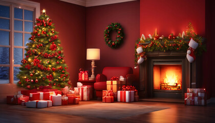 Beautiful red Christmas background with a decorated Christmas tree in the living room near the fireplace with lights and gifts.
