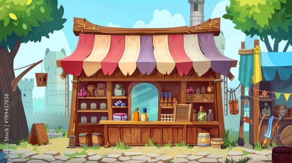Poster a designer's flat design illustration of a wooden shop box with a selection of props to buy is inclu