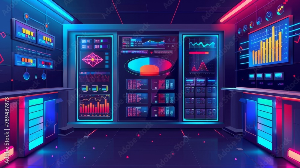 Poster data analysis dashboard, computer server room. database storage, blockchain and network communicatio