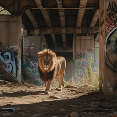 A lion walking underneath a bridge with graffiti