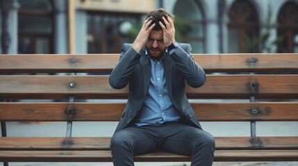 Fototapeta premium Stressed businessman sitting on a wooden bench, holding his hands on head, worker having a headache, employee frustrated and worried about problem on the job, career failure, despair and anger