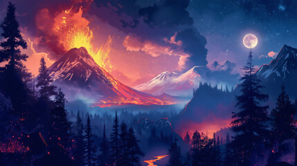 Illustration of the volcano eruption, lava flow, fire and smoke on mountain and forest wild landscape scene. Hot red or orange magma explosion, dangerous natural disaster, night sky - obrazy, fototapety, plakaty