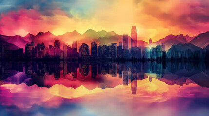 A painting of a colorful cityscape at sunset with a body of water in front reflecting the colors of the sky.

