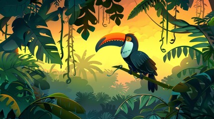 Fototapeta premium Tropical forest with toucan on tree. Modern illustration of exotic bird sitting on branch in green rainforest with lianas and plants lit by orange sunset light. Background for adventure games.
