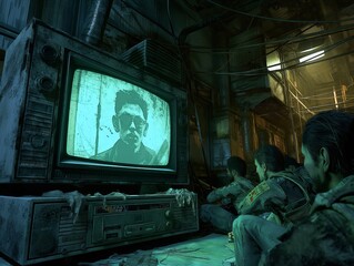A group of people are watching a television in a dark room. The television is showing a man with sunglasses on. Scene is mysterious and suspenseful