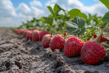 Row of Strawberries Growing in a Field. Generative AI