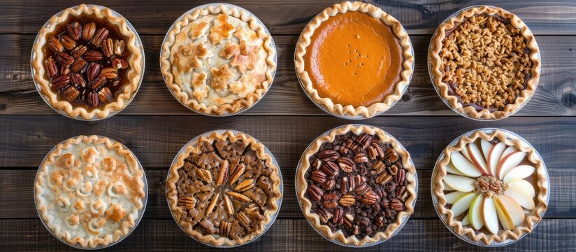 Overhead view of classic autumn pies including pumpkin, pecan, and apple crumble.