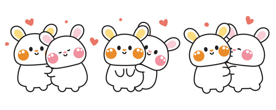 Set of cute rabbit in love with boyfriend.Hug.Kiss.Cartoon character design.Rodent animal.Valentines day.Kawaii.Vector.Illustration.