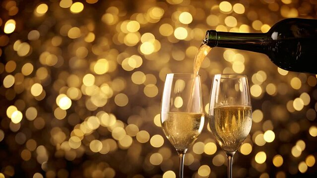Bottle of white wine poured into glass on golden background.