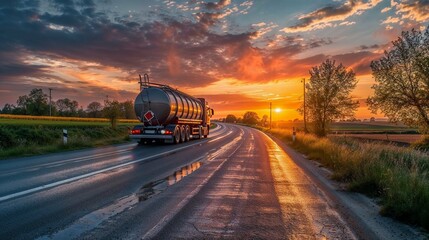 Large Tanker Truck Driving Down Highway at Sunset
