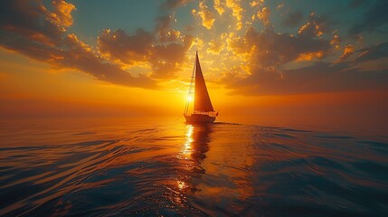 A wide-angle view of the ocean as dawn breaks, featuring a lone sailboat on the horizon. - obrazy, fototapety, plakaty