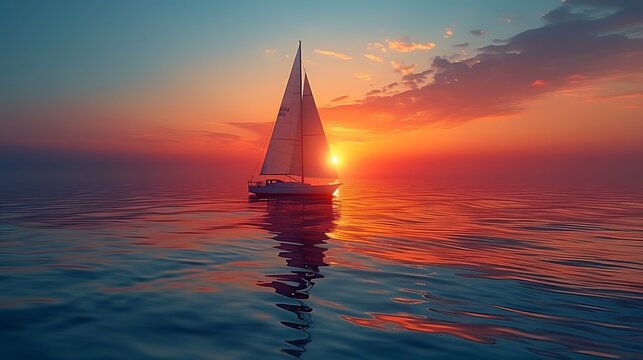 A wide-angle view of the ocean as dawn breaks, featuring a lone sailboat on the horizon.