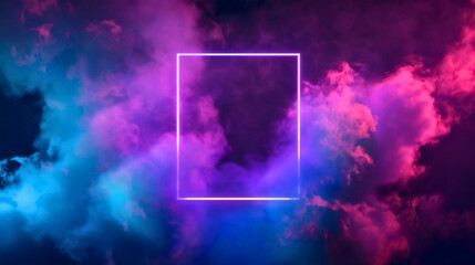 Abstract neon blue, pink and purple background with glowing square shape and cloud of smoke. Wallpaper illustration