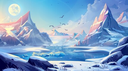 The landscape features a snowy mountain range with a frozen river, moon, birds in the evening sky, glaciers on the rocky peaks, while an arctic winter setting is created by a mountain range on ice on