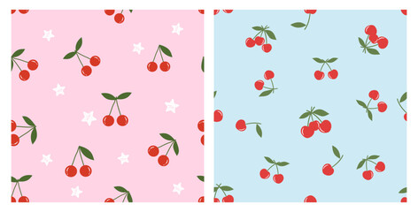 Seamless pattern of cherry fruit with green leaved and hand drawn stars on pink and blue backgrounds vector. Cute fruit prints.